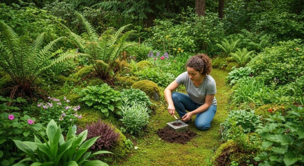 Lush Pacific Northwest garden thriving with healthy plants, featuring a gardener conducting a soil test to emphasize the importance of soil analysis